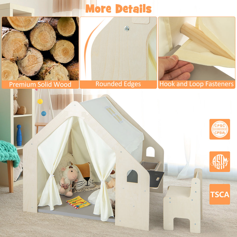 Montessori style indoor playhouse in beige with storage bin, blackboard, and ergonomic chair for toddlers aged 2-6.