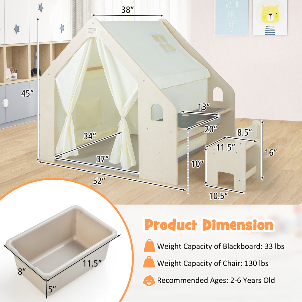 Montessori style indoor playhouse with blackboard, ergonomic chair, and storage bin for toddlers aged 2-6 years old.