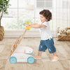 Wooden baby walker with adjustable height, smooth wheels, and cake-themed design, perfect for toddlers learning to walk.