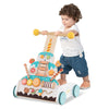 Wooden baby walker with adjustable height, cake-themed design, and smooth wheels for safe, quiet movement.
