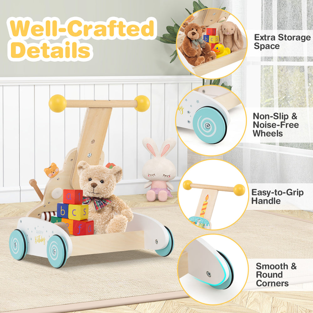 Wooden baby walker with adjustable height, smooth wheels, and storage compartment for kids' toys and belongings.