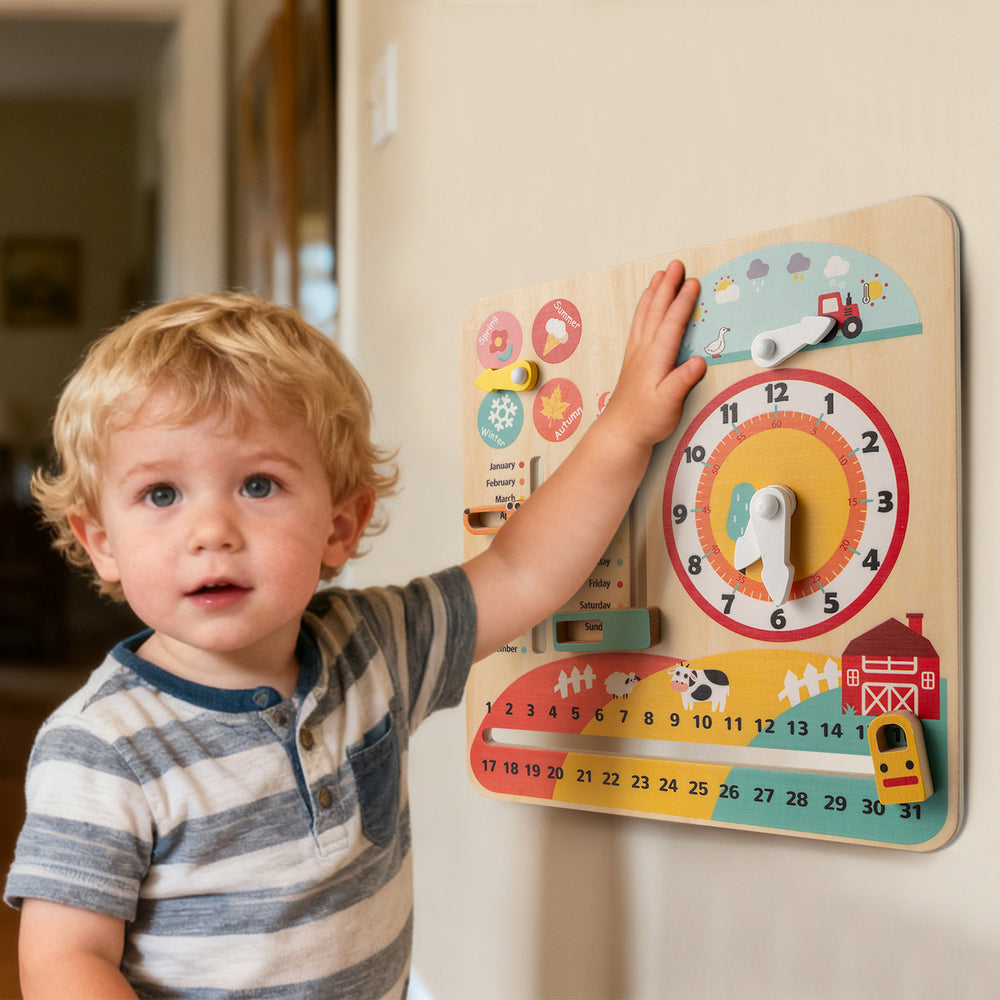 Montessori wooden educational clock toy for toddlers, featuring colorful sliders for learning about seasons and time.