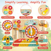 Montessori wooden educational clock toy featuring sliders for seasons, weather, and time, designed for toddlers'.