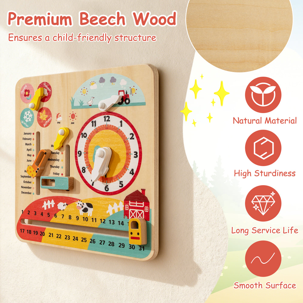 Montessori wooden educational clock toy with cartoon sliders, made of premium beech wood, designed for toddler learning.