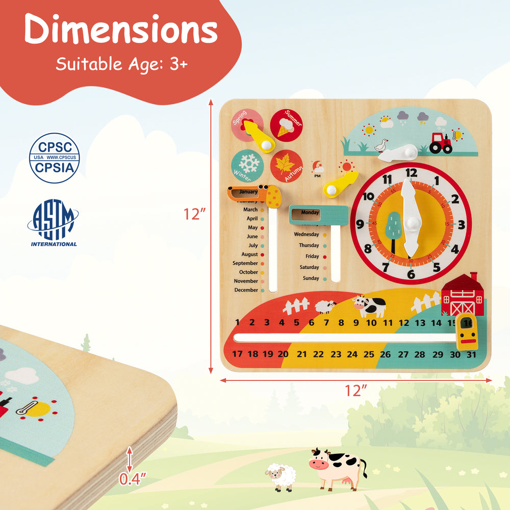 Montessori wooden educational clock toy featuring colorful sliders, designed for toddlers to learn about seasons and.