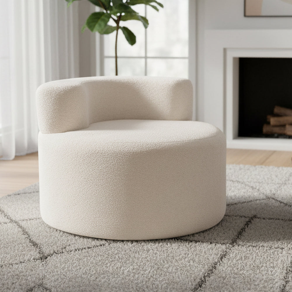 Moon-shaped single sofa chair in soft teddy fleece beige, featuring a curved backrest for relaxation and a non-slip.
