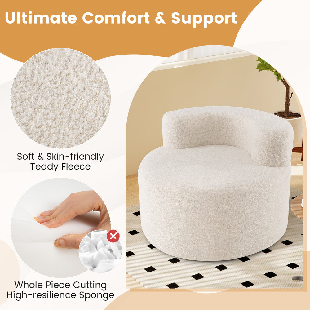 Moon-shaped floor single sofa chair in beige with soft teddy fleece, featuring a curved backrest for ultimate comfort.