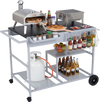 Movable grill table with spacious tabletop, condiment caddies, and shelves for efficient backyard BBQs and picnics.