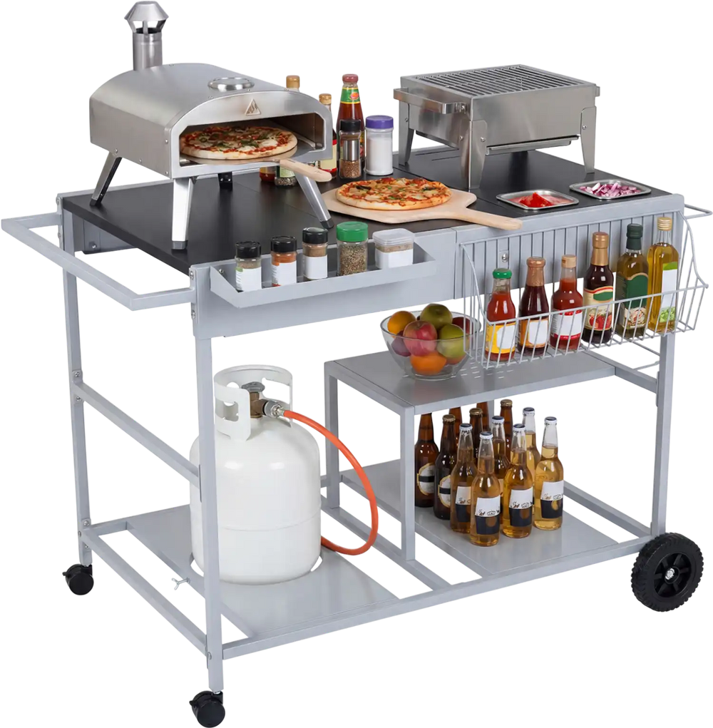 Movable grill table with spacious tabletop, condiment caddies, and shelves for efficient backyard BBQs and picnics.