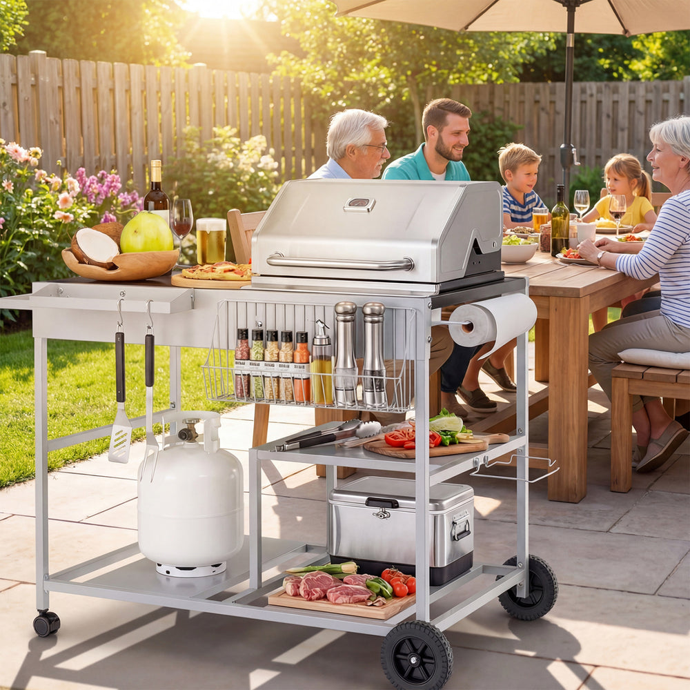 Movable grill table with spacious tabletop, stainless steel condiment caddies, and wheels for easy outdoor BBQ setup.