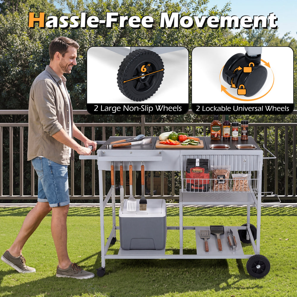 Movable grill table with spacious 37.5” x 24.5” tabletop, stainless steel condiment caddies, and lockable wheels for.