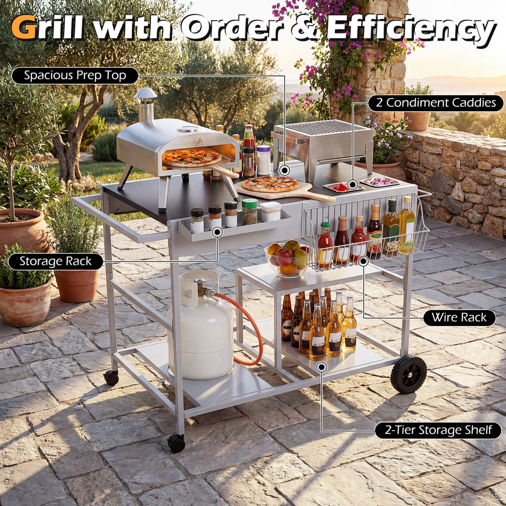 Movable grill table with spacious prep top, stainless steel condiment caddies, and multiple storage racks for BBQ.