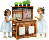 Mud kitchen made of natural fir wood with removable sink, featuring 4 planting pots for kids' gardening fun.