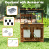 Mud kitchen made of natural fir wood with removable sink, 4 planting pots, and cooking accessories for outdoor play.