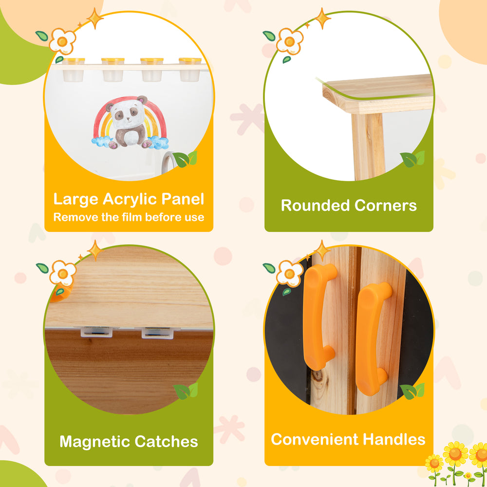 Detail of the Kids Mud Kitchen showing rounded corners, convenient handles, and magnetic catches for safe play.