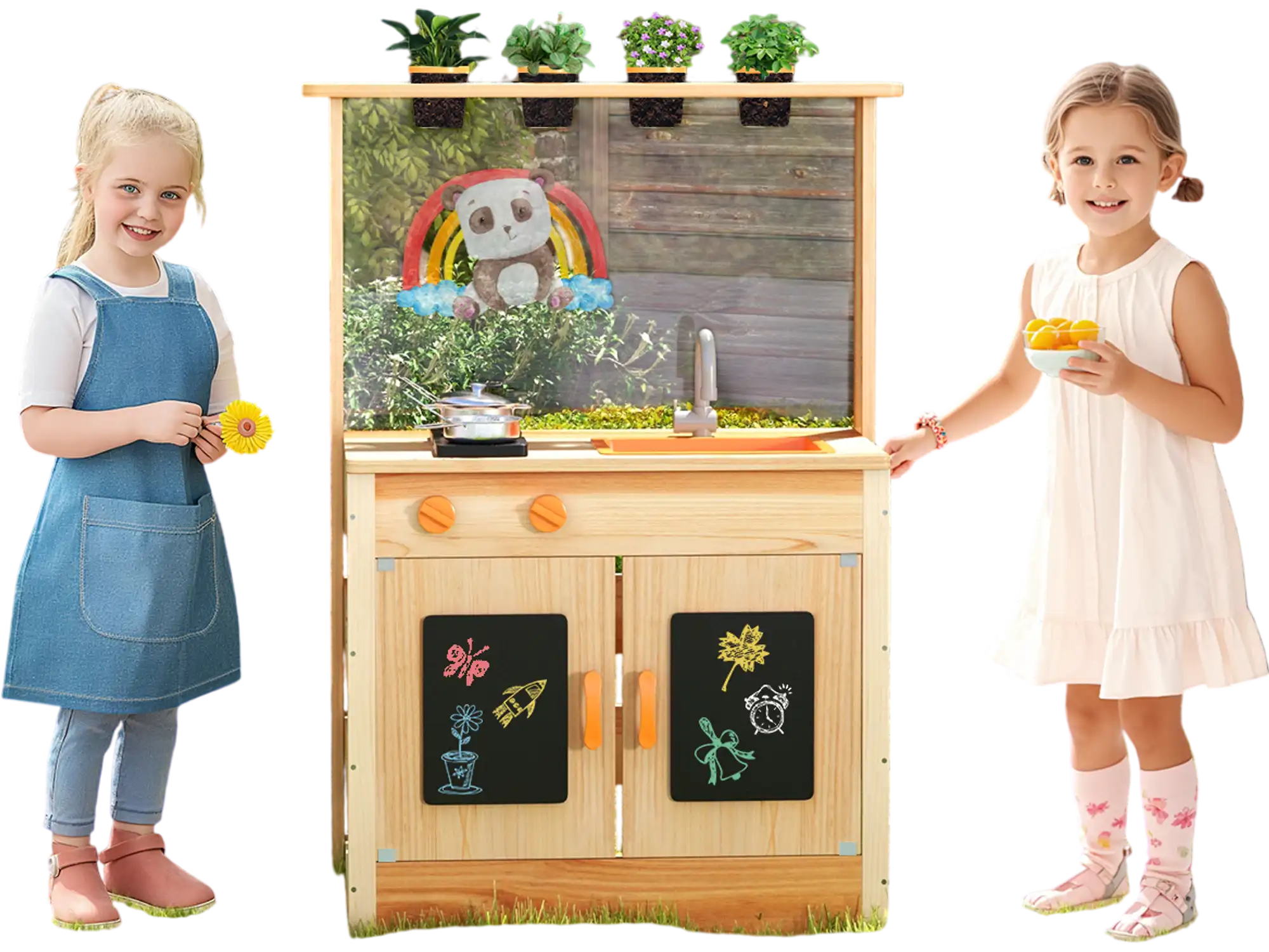 Costway Kids Mud Kitchen Fir Wood Playset w/ Planting Pots Blackboards 495312768 New