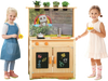 Kids mud kitchen playset made of fir wood with planting pots, blackboards, and accessories for imaginative play.
