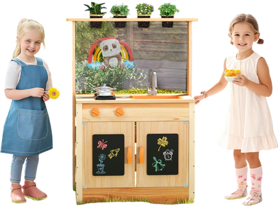 Costway Kids Mud Kitchen Fir Wood Playset w/ Planting Pots Blackboards 495312768 New