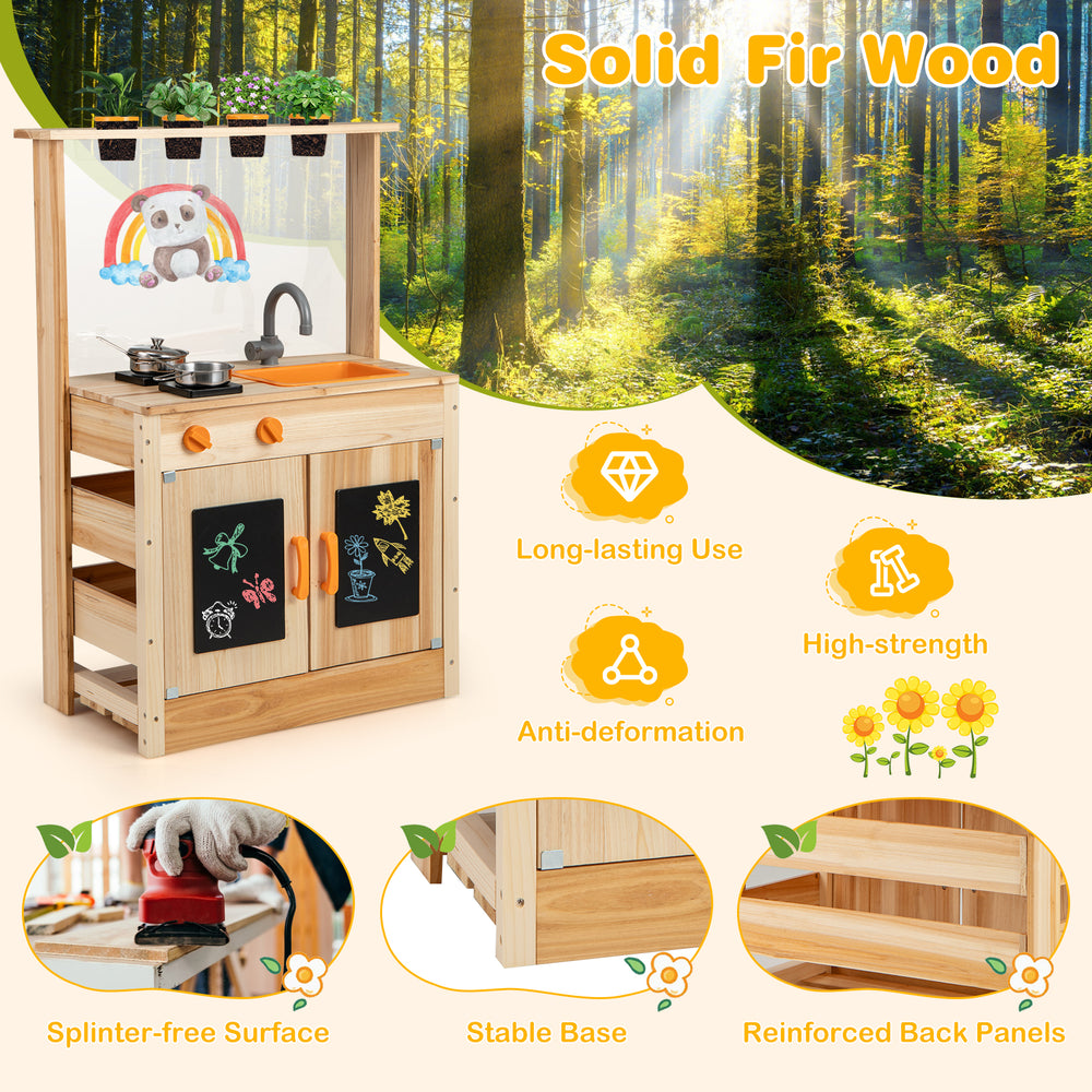 Kids mud kitchen playset made of solid fir wood with planting pots, blackboards, and storage cabinet for outdoor fun.