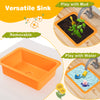 Bright orange removable sink for kids' mud kitchen playset, perfect for water or mud activities and plant observation.