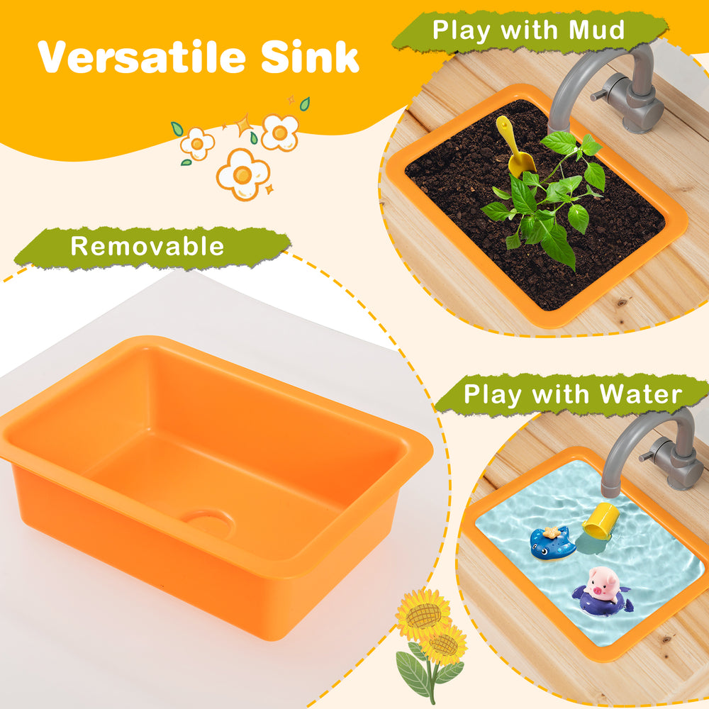 Bright orange removable sink for kids' mud kitchen playset, perfect for water or mud activities and plant observation.