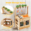 Kids mud kitchen playset in natural fir wood with planting pots, blackboards, and storage cabinet for imaginative play.