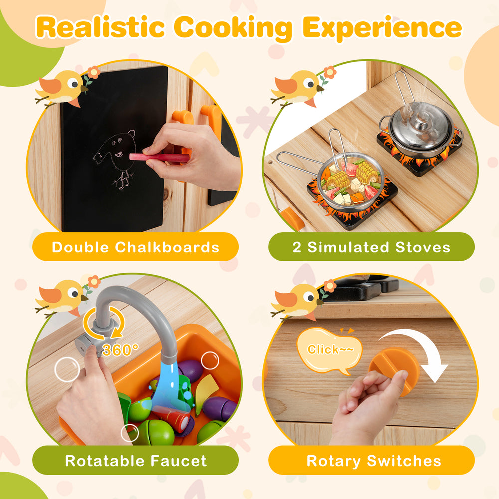 Kids mud kitchen playset featuring fir wood, double chalkboards, simulated stoves, and a rotatable faucet for.