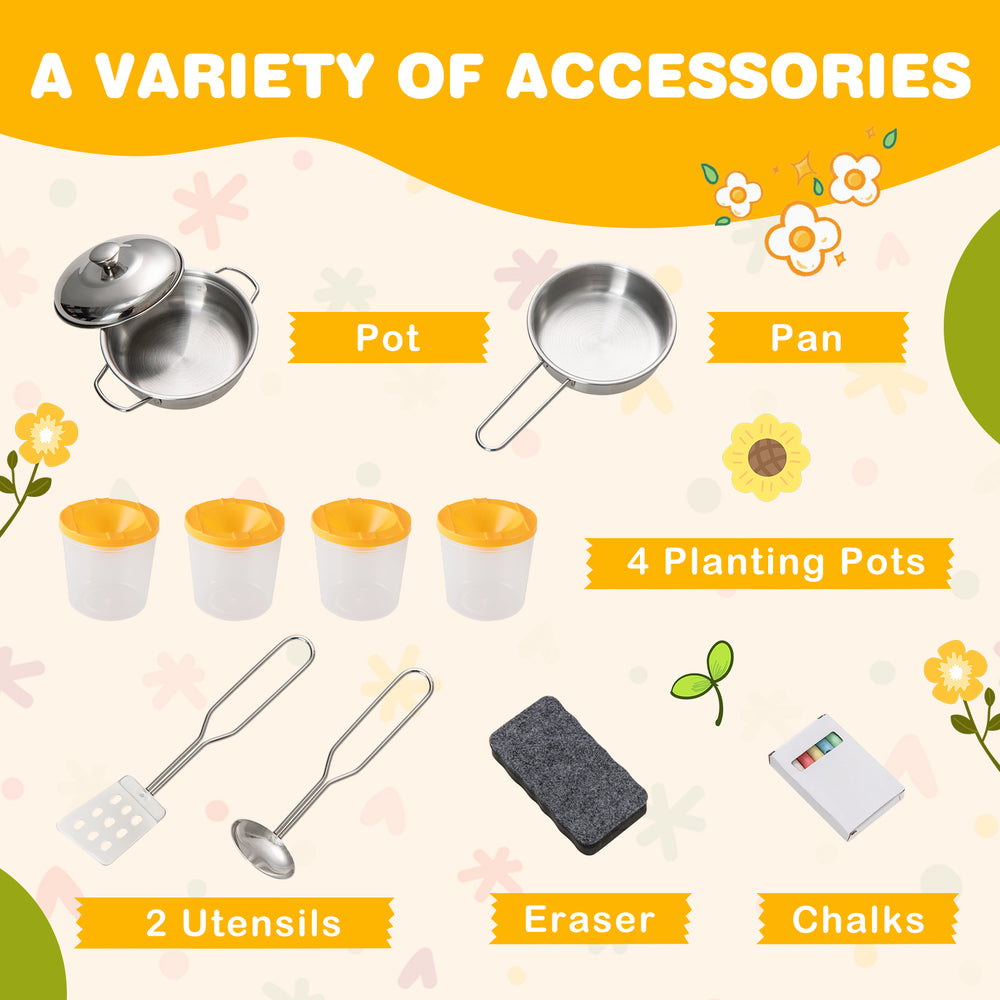 Kids mud kitchen accessories including a pot, pan, 4 planting pots, and utensils for immersive role-playing fun.
