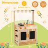 Kids mud kitchen playset in natural fir wood with planting pots, blackboards, and storage for imaginative play.