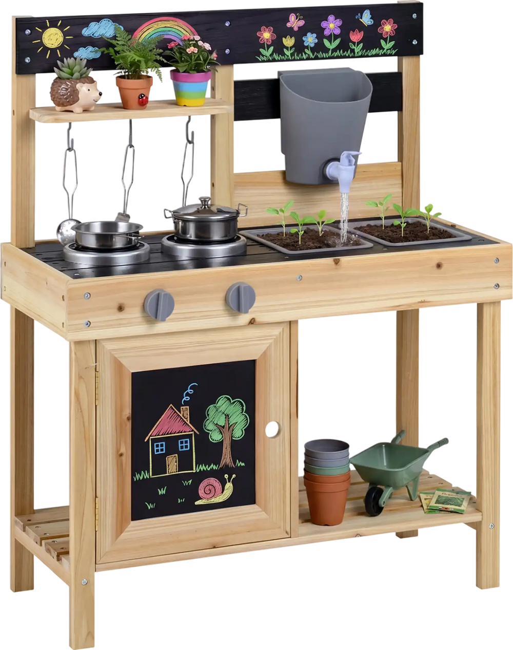 Mud kitchen playset with removable sinks, 2 stoves, and water faucet, made of durable fir wood for outdoor play.