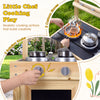 Mud kitchen playset featuring two stoves with knobs, removable sinks, and kitchenware for outdoor cooking fun.