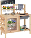 Mud kitchen playset with sink, stainless steel kitchenware, and plant observation room for outdoor fun and gardening.