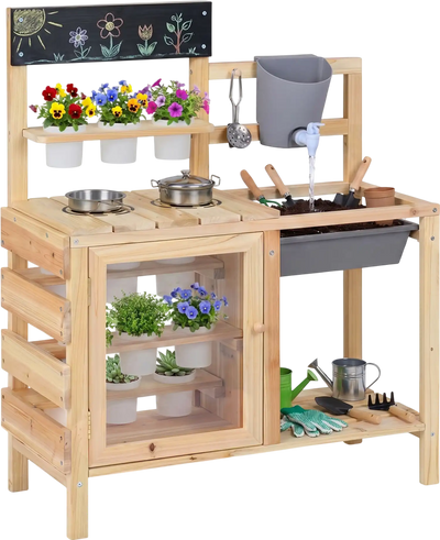 Costway Kids Outdoor Mud Kitchen Playset with Sink & Plants Observation Room 693475812 New