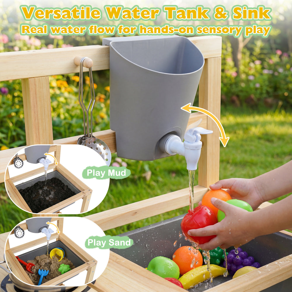 Mud kitchen playset with sink, real faucet, and 12 plant cups for outdoor sensory play and gardening activities.