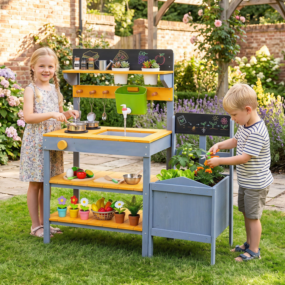 Kids play with the yellow Mud Kitchen Set featuring a dual-burner stove, removable sink, and planting pots for outdoor fun.