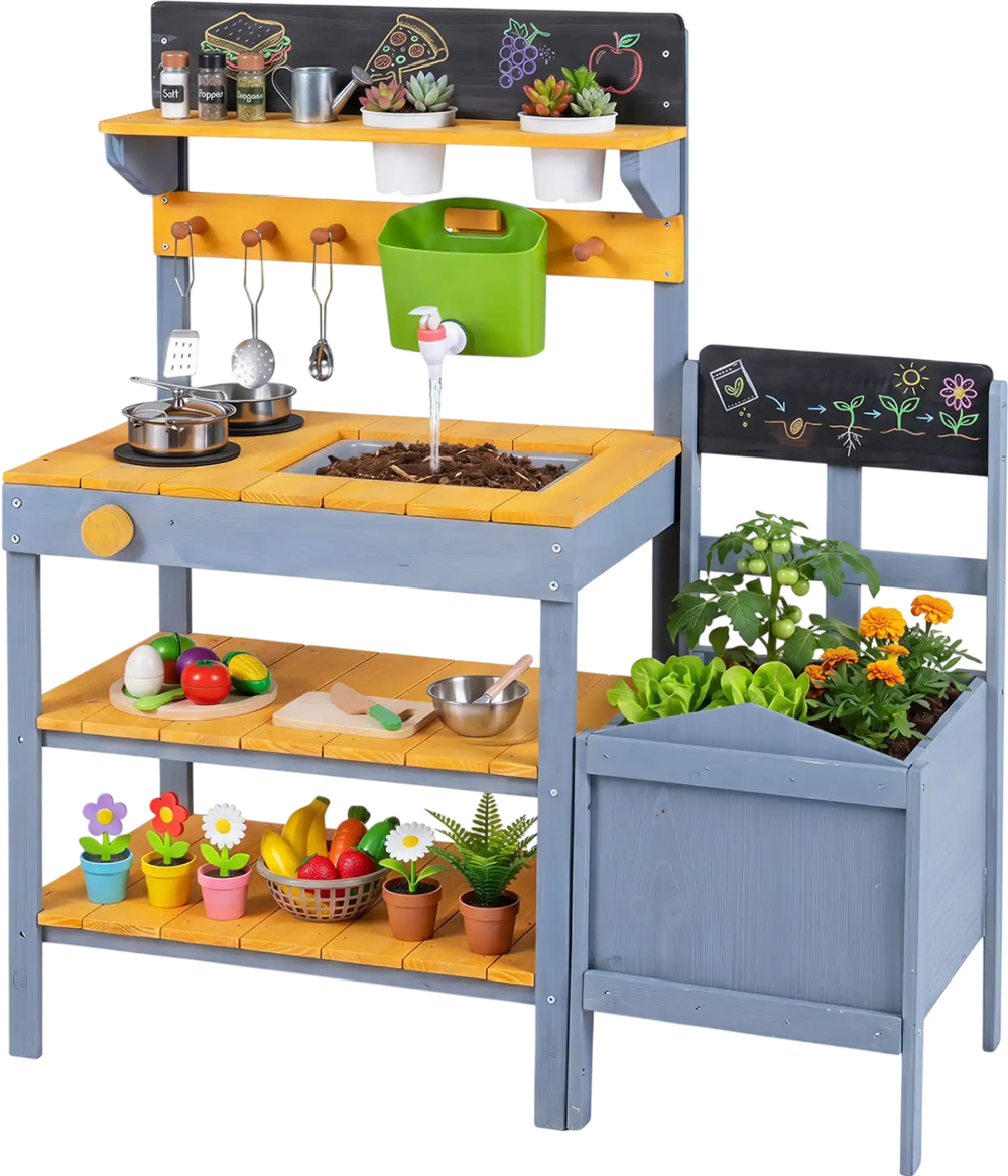 Mud kitchen set for kids with dual-burner stove, running water reservoir, and planting pots for imaginative outdoor play.