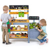 Kids play with the yellow Mud Kitchen Set featuring a dual-burner stove, removable sink, and plant pots for imaginative fun.