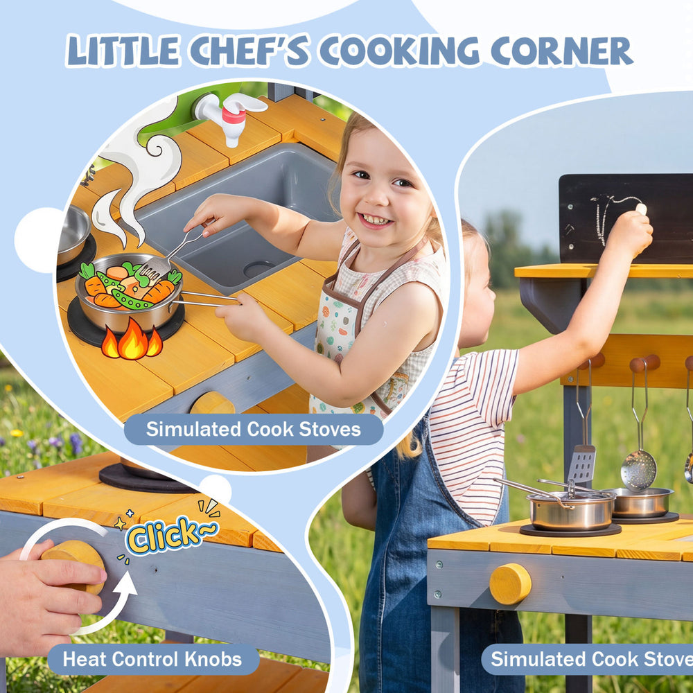 Mud kitchen set for kids featuring dual-burner stove, interactive knobs, and removable sink for imaginative outdoor play.