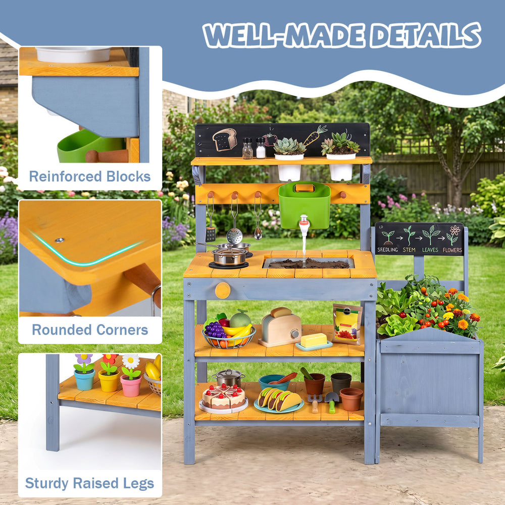 Mud kitchen set for kids features a dual-burner stove, removable sink, and plant pots for imaginative outdoor play.
