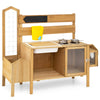 Mud kitchen for kids featuring two stoves, sink, detachable bird cage, and planter box for imaginative outdoor play.