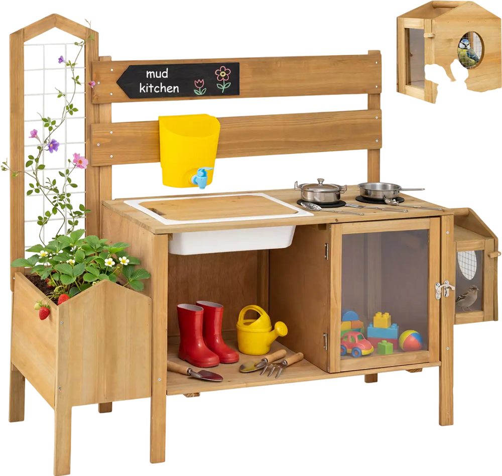 Mud kitchen for kids featuring two stoves, a detachable bird cage, planter box, and a water faucet for creative play.