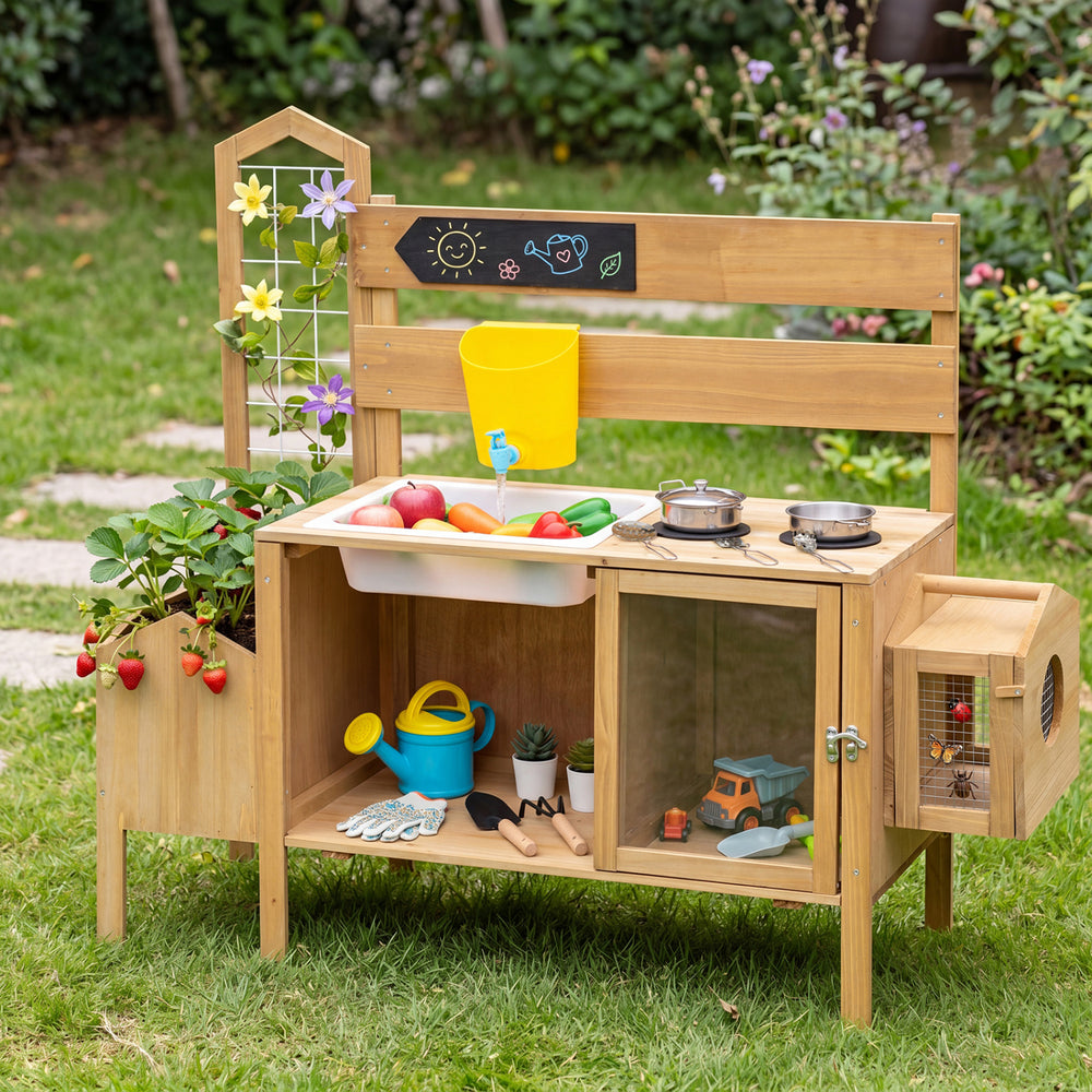 Mud kitchen for kids featuring a sink, stoves, planter box, and detachable bird cage for imaginative outdoor play.