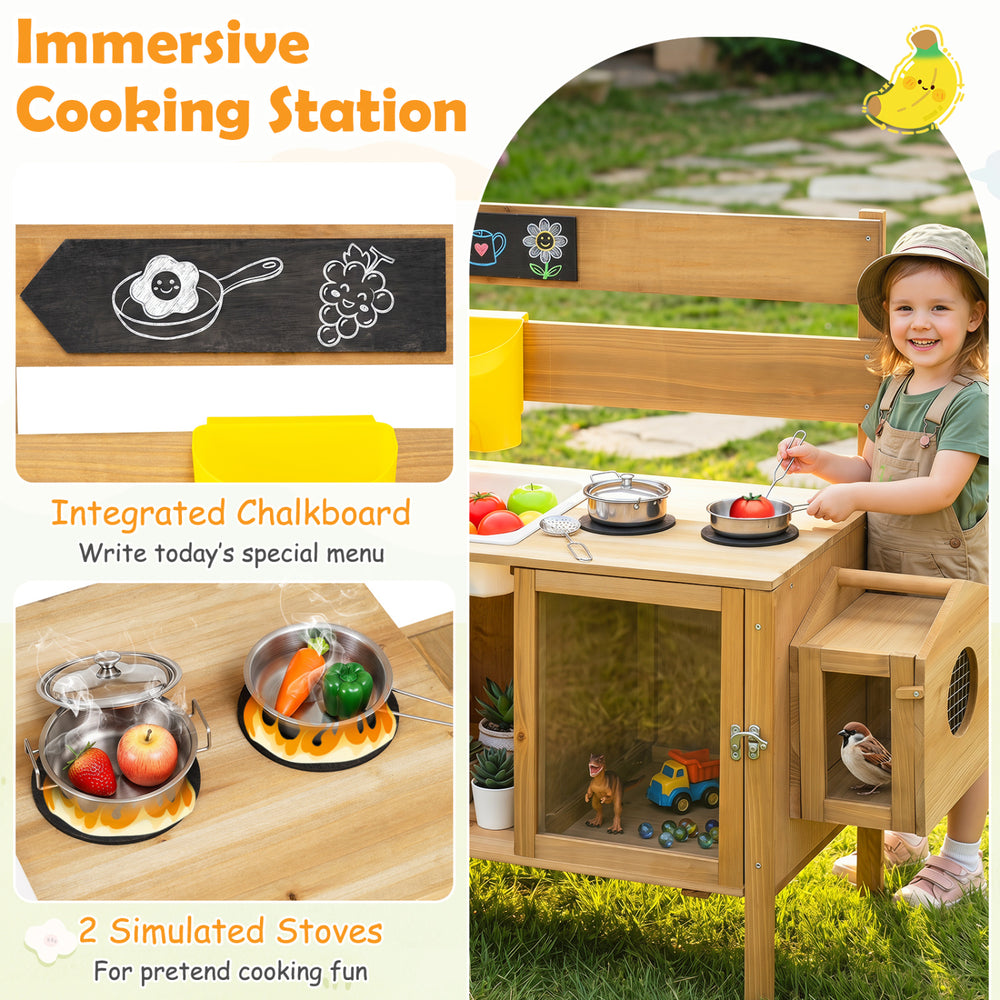 Kids' mud kitchen with detachable bird cage, two simulated stoves, and integrated chalkboard for imaginative play.