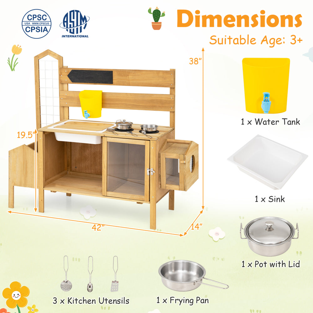 Mud kitchen for kids featuring two stoves, sink, and detachable bird cage, perfect for imaginative outdoor play.
