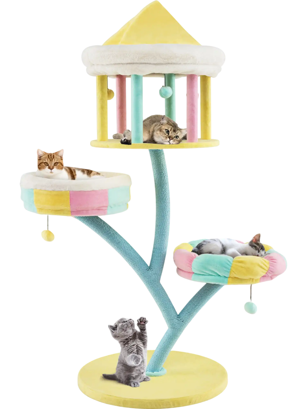Multi-layer cat tree with colorful perches and scratching posts, perfect for resting and playful observation.