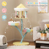Multi-layer cat tree with two removable perches, scratching posts, and interactive balls for play and observation.