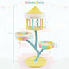 Multi-layer cat tree with colorful removable perches, scratching posts, and interactive balls for playful cat.