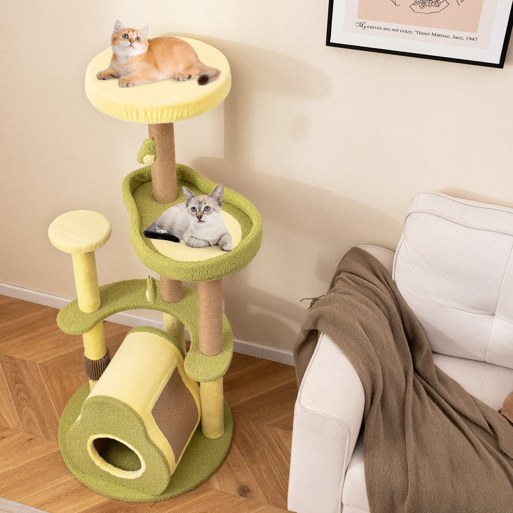 Multi-level avocado cat tower in green with cozy condo, soft fabric, and scratching posts for playful cats.