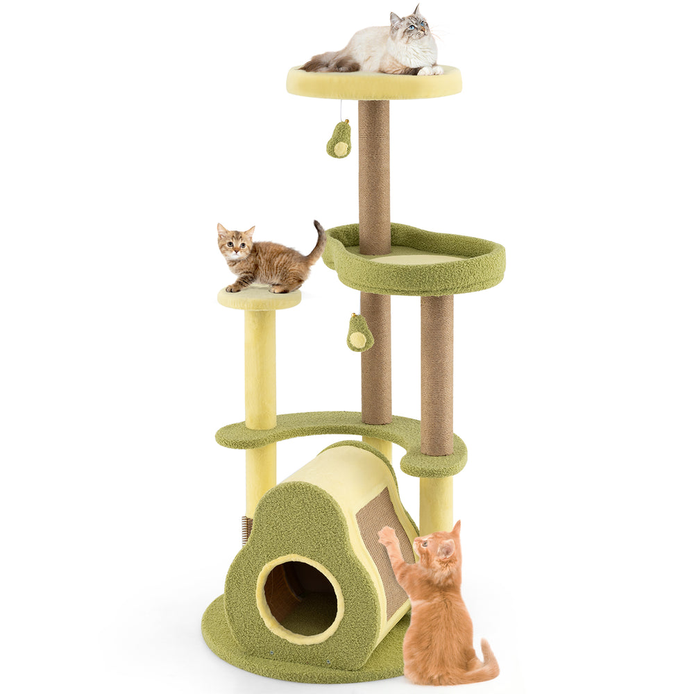 Multi-level avocado cat tower in green with cozy condo, scratching posts, and playful pompoms for cats.