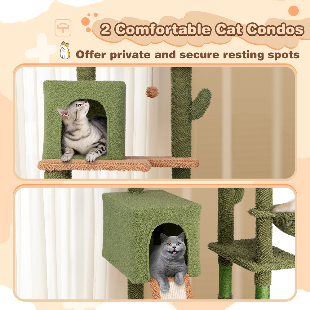 Multi-level cactus cat tree featuring two cozy condos and plush perches for secure resting and playtime.